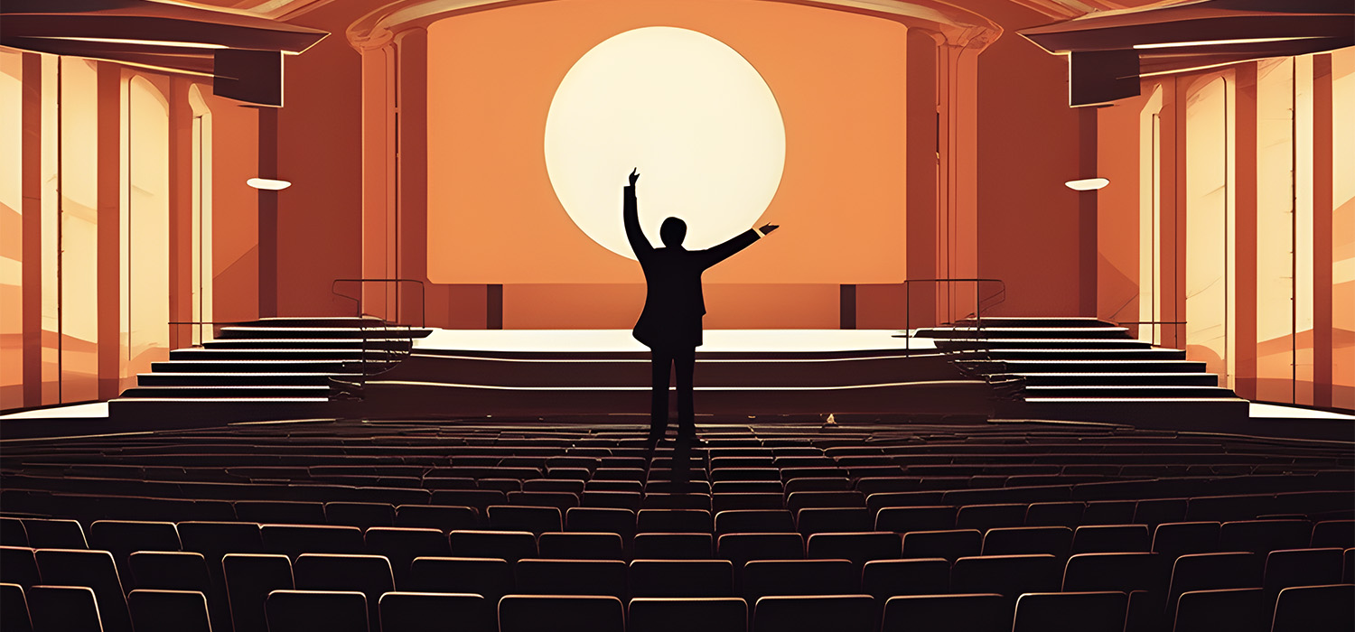 Illustration of an instructor in an empty lecture hall, hands raised, practising their performance.