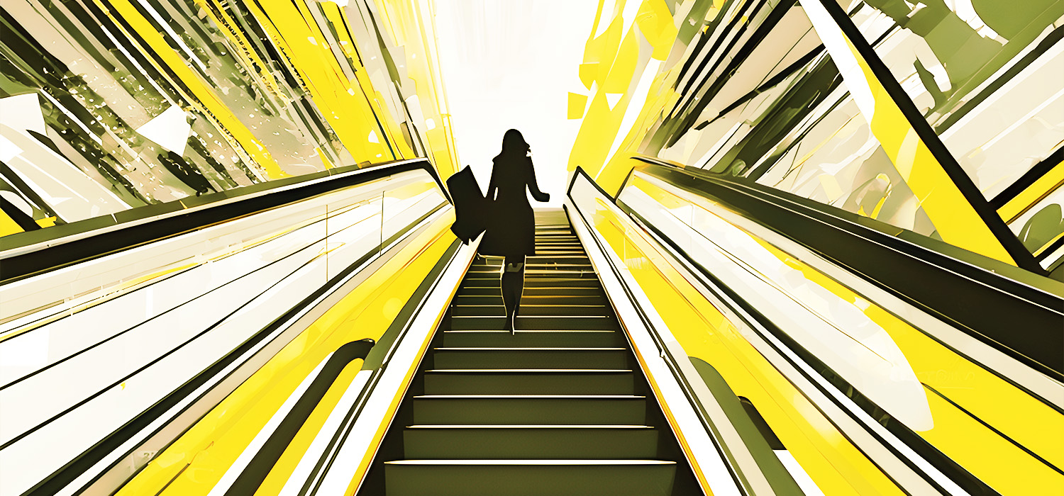 Illustration of a person on an escalator.